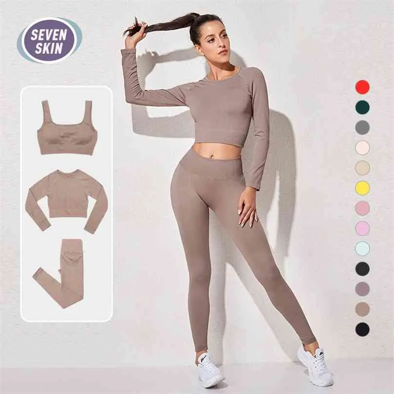 SEVEN SKIN Women Sportswear Seamless Yoga Set Tuta da allenamento Abbigliamento da palestra Manica lunga Crop Top Fitness Leggings Reggiseno sportivo Tuta 210802