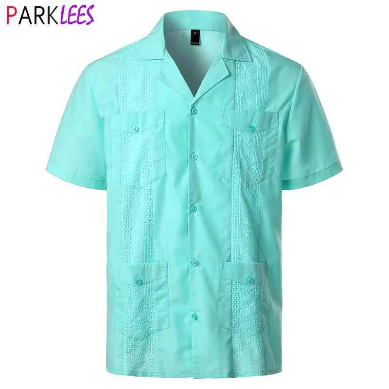 남성 크로스 염색 Guayabera 짠된 버튼 다운 셔츠 브랜드 짧은 소매 리버 칼라 2XL 210522와 전통적인 쿠바 셔츠 수 놓은 쿠바 셔츠