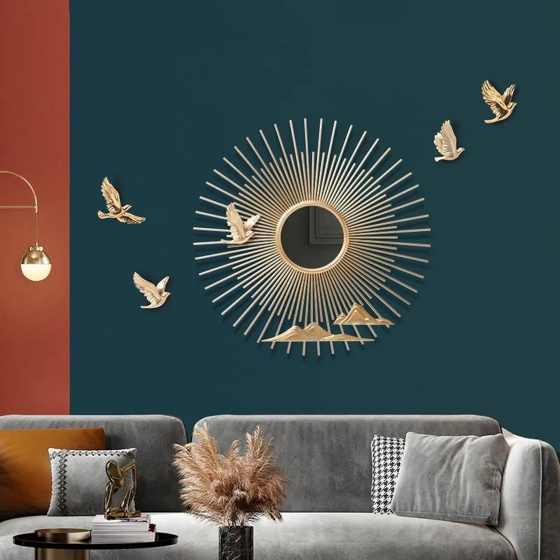 Muurstickers moderne luxe smeedijzeren zon vorm vogel spiegel ornamenten thuis woonkamer sticker ambachten lobby el muurschildering decoratie