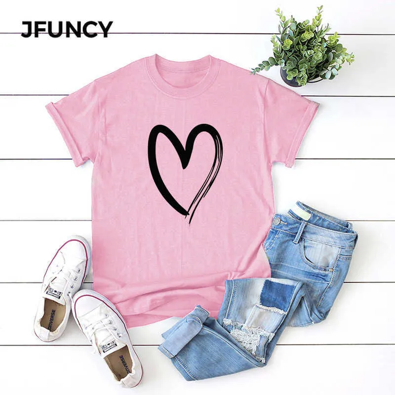 JFUNCY 2020 Lato Kobiety T Shirt Proste Miłość Wzór Kobiet Krótki Rękaw Harajuku T-shirt Femme Topy 5xl Plus Size Graphic Tees Y0629