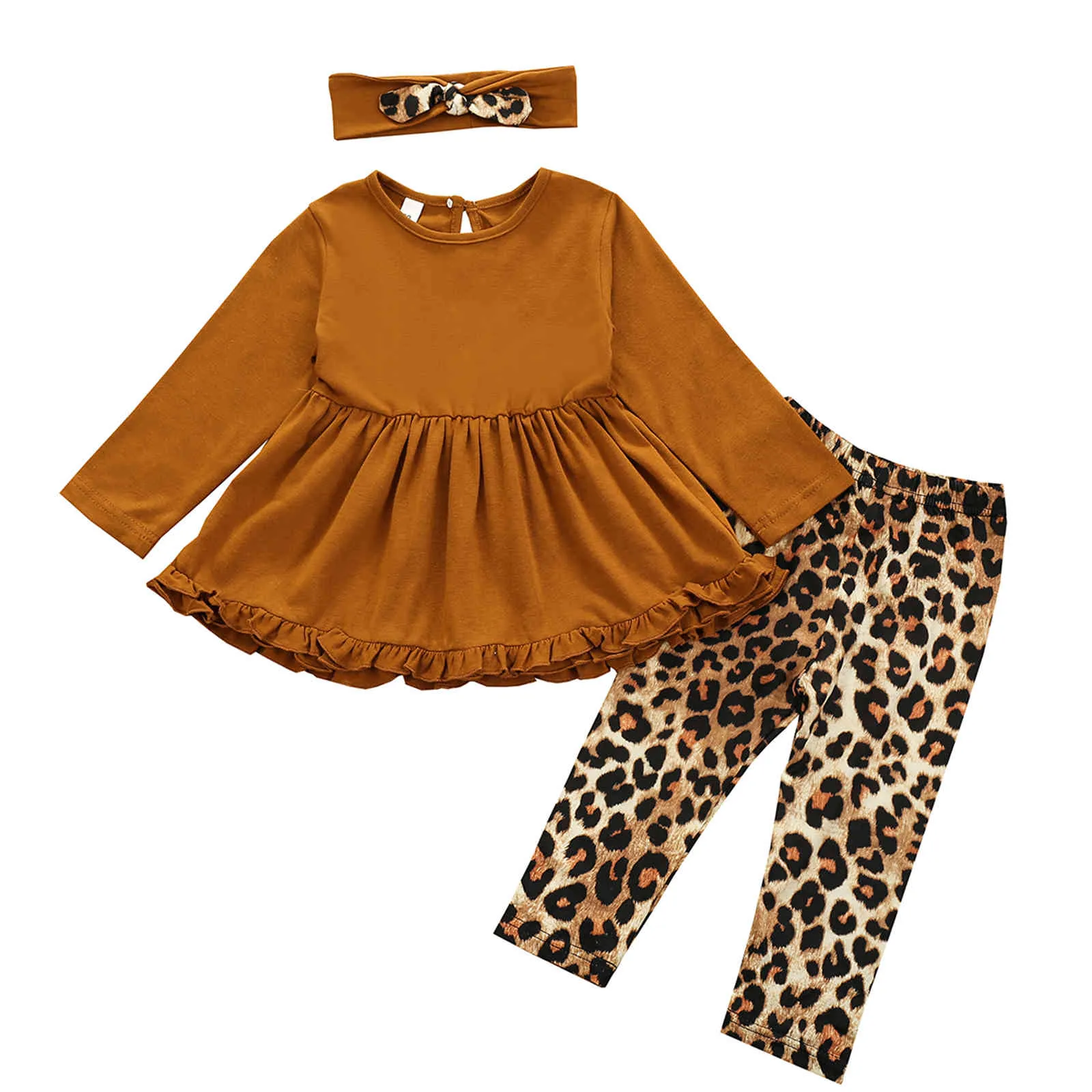 6M-4Y Autumn Spring Infant Toddler Kid Baby Girls Clothes Set Ruffles Long Sleeve Tunic Leopard Pants Child Outfits 210515