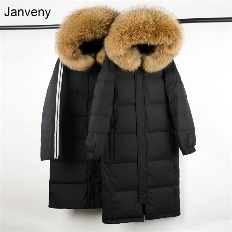 Janveny, chaqueta de plumón de pato 90% con cuello de piel de mapache Real grande para mujer, abrigo de plumas largo grueso suelto de talla grande 211013