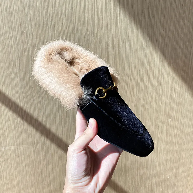 Kmeioo Women Real Leather Velvet Rabbit fur Backless Slipper Mule Slide Princetown Shoes Metal Buckle pumps fanshion shoes