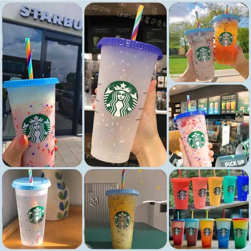 Hazır Stockstarbucks Renk Değiştiren Konfeti Yeniden Kullanılabilir Plastik Tumbler Kapak ve Saman Soğuk Kupası, FL Oz, OF ON VEYA BAŞLI