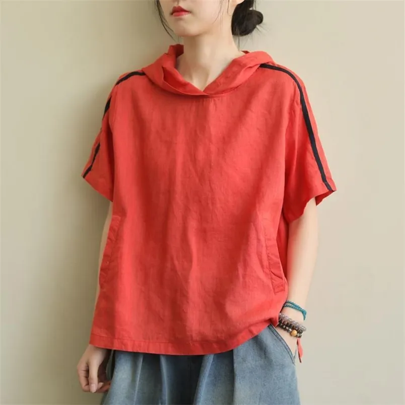 Summer Arts Style Women Short Sleeve Loose T-shirt All-matched Casual Cotton Linen Hooded Tee Shirt Femme Tops M148 210512
