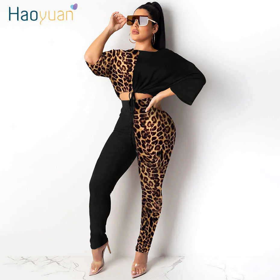 Haoyuan Two Piece Set Tracksuit Women Festival Clothes Leopard Crop Top och Pant Sweat Suits 2 Piece Matching Set Fall Outfits Y0719