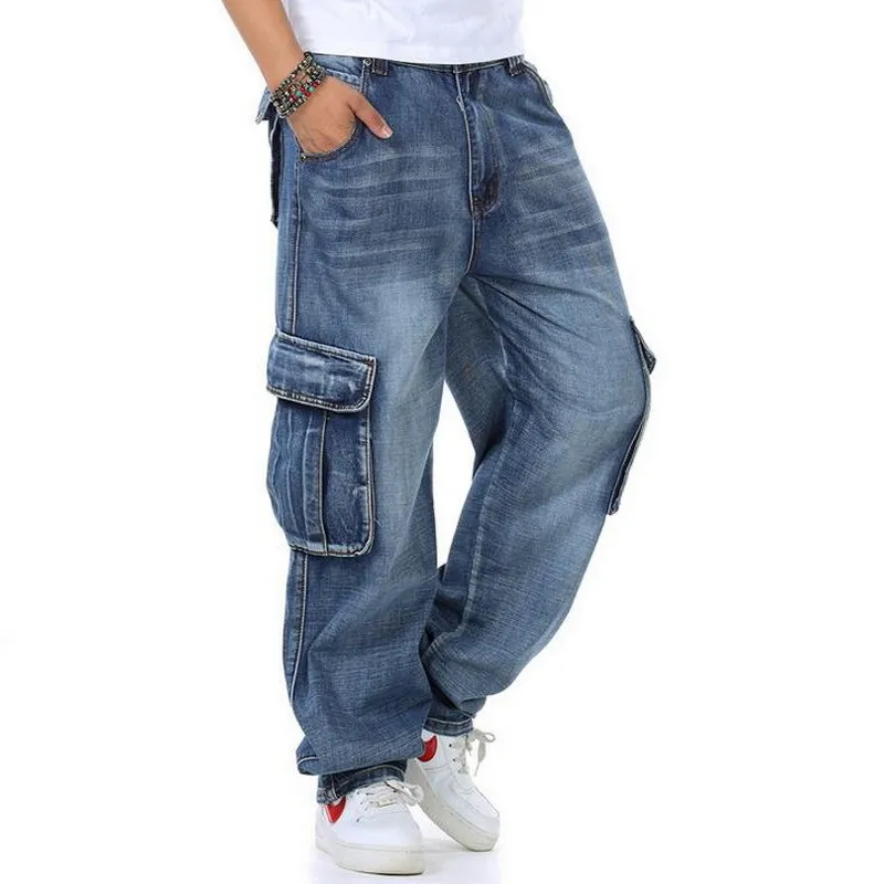 Pantalones vaqueros holgados con múltiples bolsillos para monopatín para hombre, pantalones vaqueros tácticos de mezclilla de talla grande 30-46 2103192878