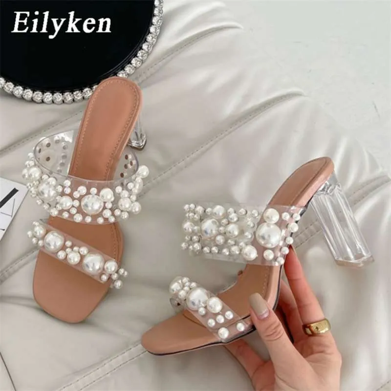 Eilyken Transparent PVC String Bead Shoes Woman Fashion Open Toe Slippers Crystal Perspex Heels Slides Beach Sandale Femme 210928