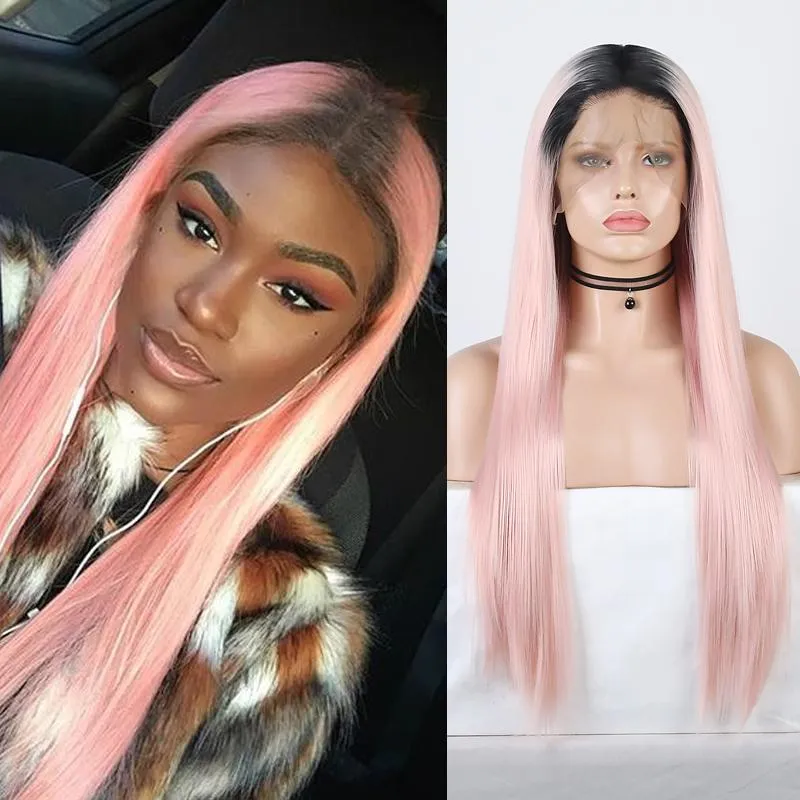 Синтетические парики Charisma 13x6 длинный шелк прямой кружевной фронт парик термостойкий омбре розовый для черных женщин два тон