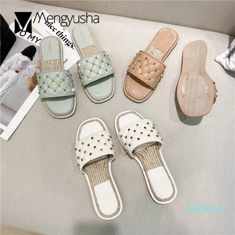 2021 rebites Costura Lettices Open Toe Espadrilles Sandálias Mulheres Maded Flats Slides Metal Studs Quadrado Toe Cane Weaved Sandalias1