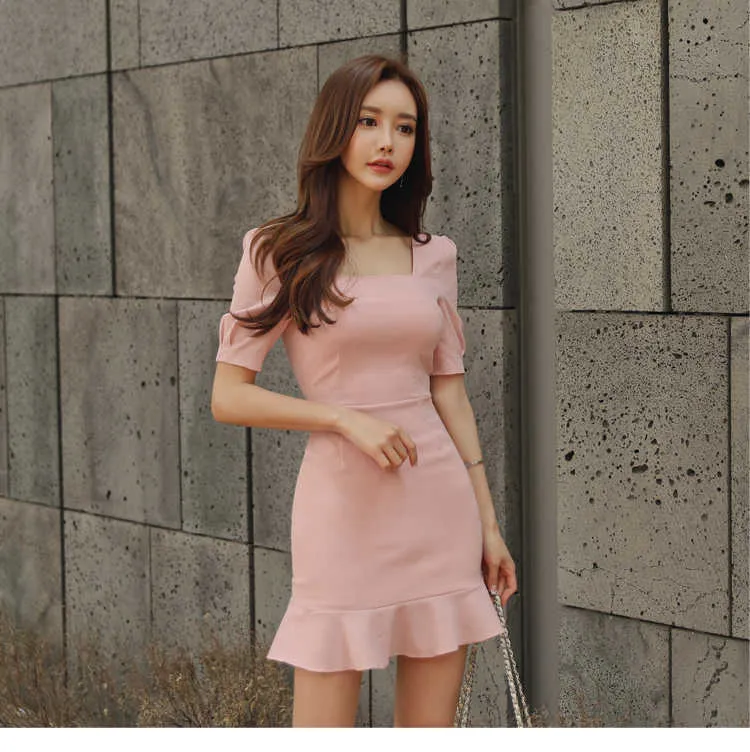 Korean Style Pink Short Sleeve Square Neck Women's Pink maternity dress for Office and Party - 210602 Korean Style Pink Short Sleeve Square Neck Women's Pink maternity dress for Office and Party - 210602