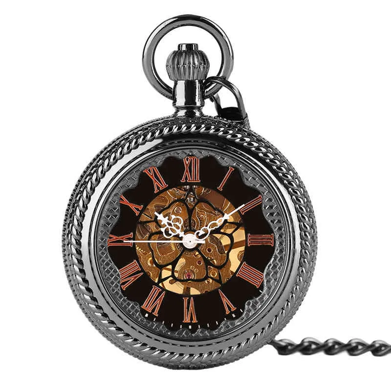 Steampunk Mechanical Pocket Watch Large Visible Crystal Cover Roman Numeral Fob Chain Retro Men Women Clock Best New Year Gifts (1)