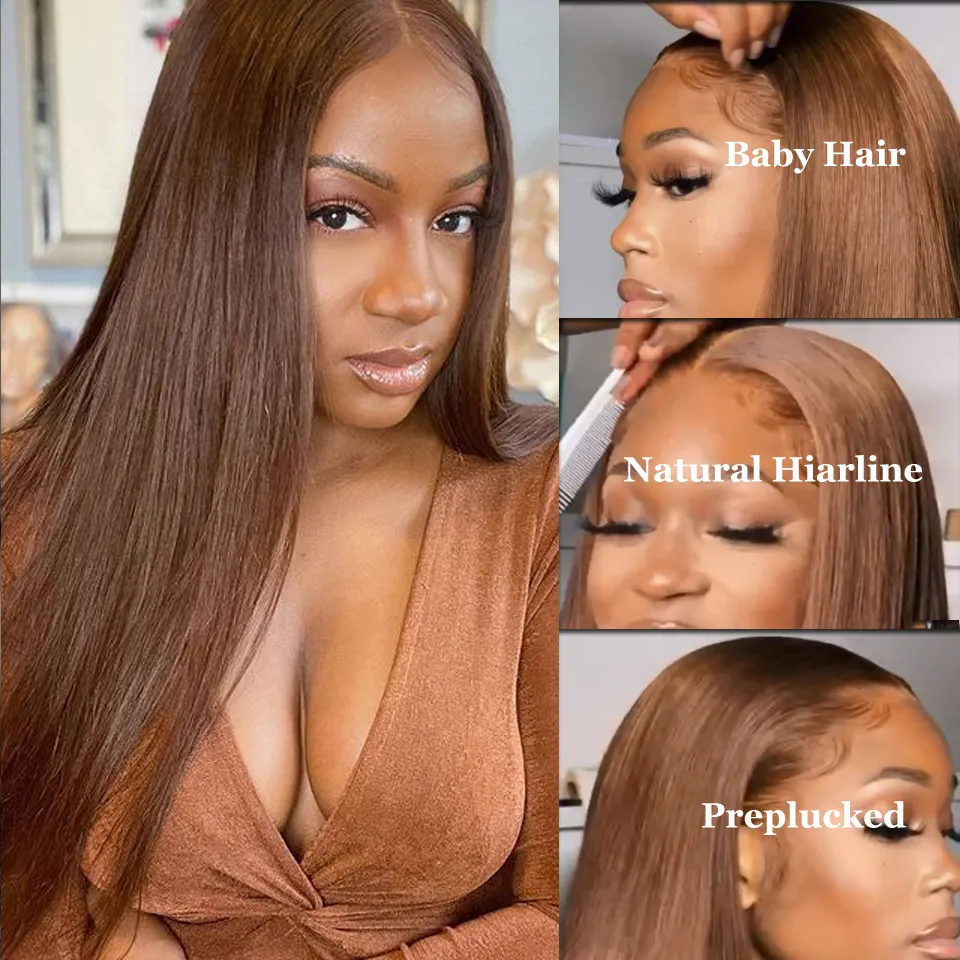 Silky Straight Human Hair 4x4 13x4 Lace Frontal Wigs Light Brown 4# Color Pre Plucked Natural Hairline