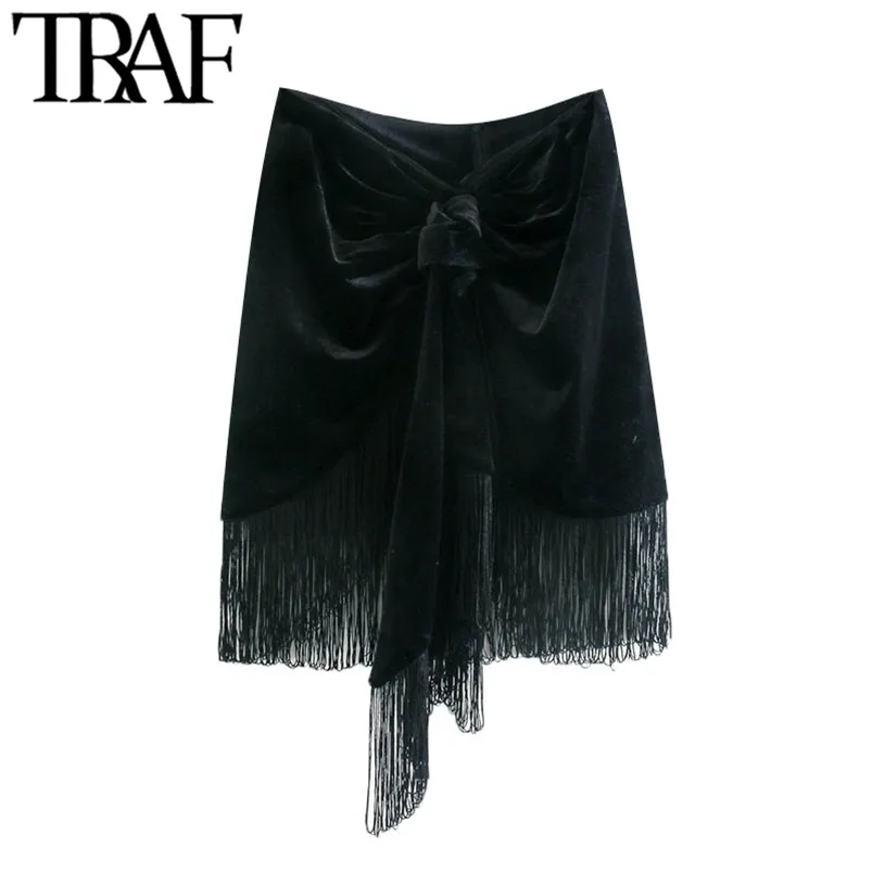 Women Fashion With Knot Tied Tassel Pleated Velvet Mini Skirt Vintage High Waist Back Zipper Female Skirts Mujer 210507