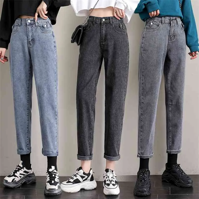 High Waist Jeans Spring Autumn Harem Pants Woman Denim Cotton Loose Fashion Women's Nine-point Straight 210720