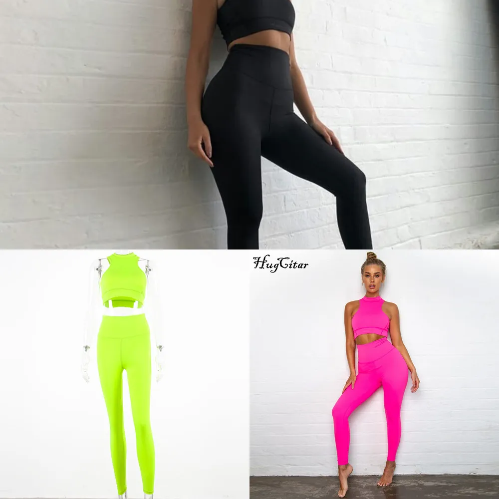 Hugcitar Sans manches Camis Elastic Leggings Two 2 Pieces Neon Pink Set 2019 Summer Fashion Fashion Stretchy Casual Set X0428