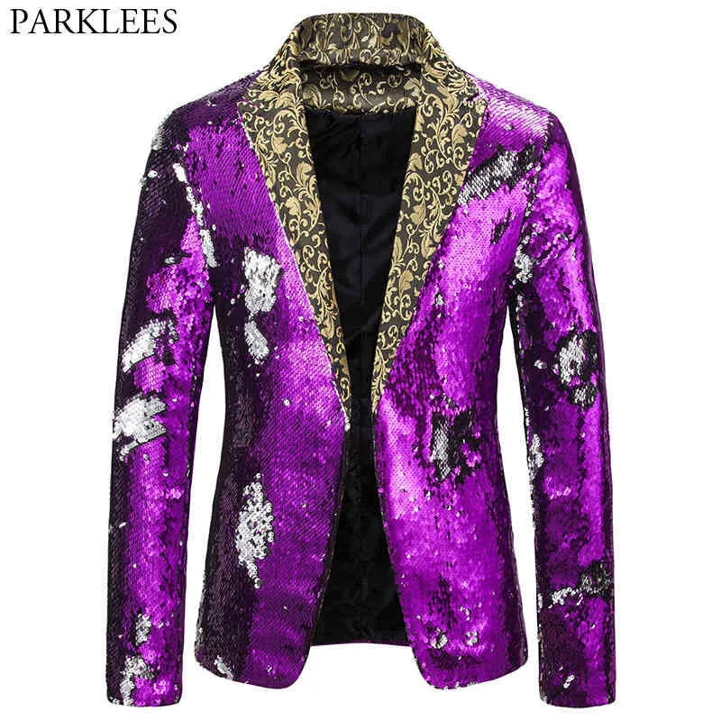 紫色のスパンコールグリライタースーツジャケット男性スタイリッシュな2色変換クラブパーティーウエディングブレザーメンズステージコスチューム210522
