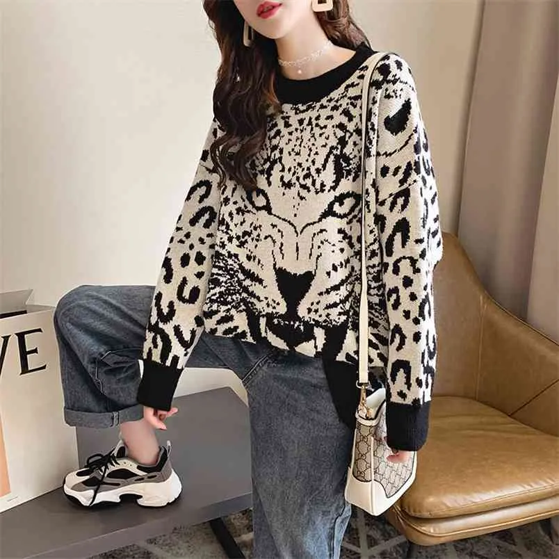 Mulheres Leopardo Redondo Pescoço Pullover Sweater de Manga Longa Frilly Loose Casual Lazy Tiger Head Feminino Primavera 210427