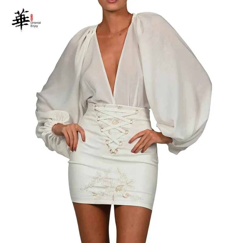 Высокая талия цветочная юбка женская мода красота элегантные белые короткие летние юбки напечатаны карандаш юбка х0428