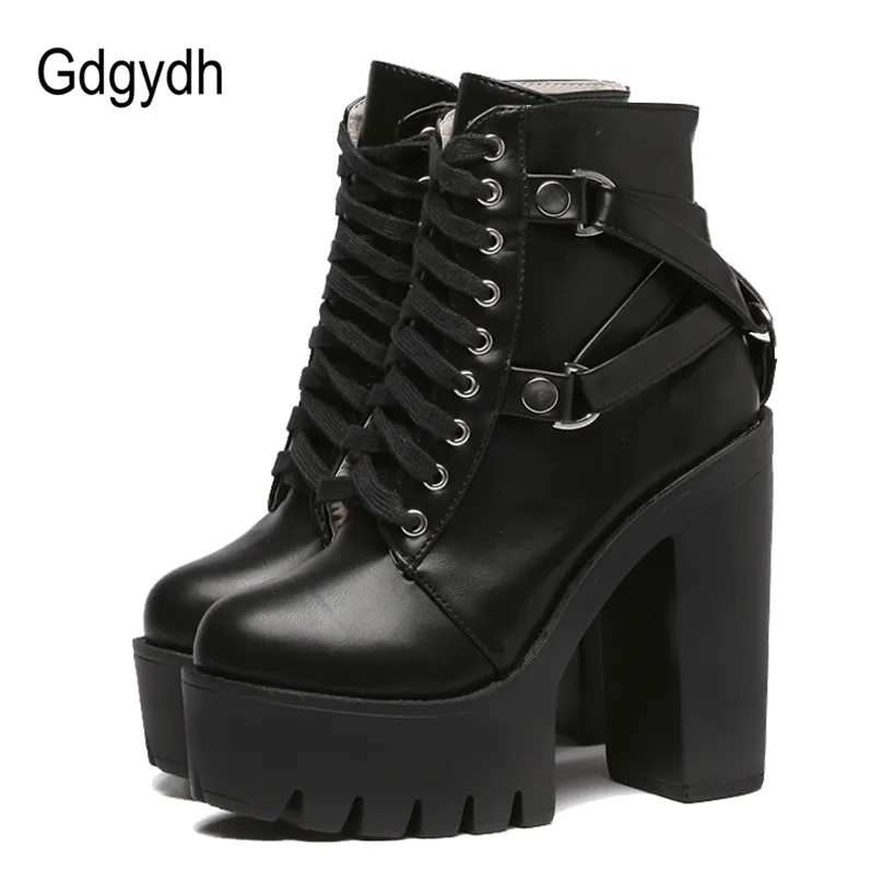 Gdgydh Fashion Black Boots Women Heel Spring Autumn Lace-up Soft Leather Platform Shoes Woman Party Ankle High Heels Punk 211104