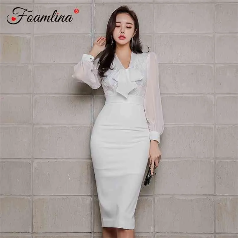 Fashion Spring Summer Women Bowknot Collar Perspective Mesh Long Sleeve Lace Patchwork Wear to Work Party Pencil Dresses 210603