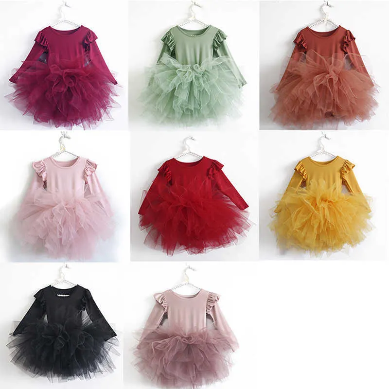 FocusNorm 0-10y Princess Infant Baby Girls Dress長袖レースのソリッドパッチワークチュチュミニダンスドレス8色Q0716