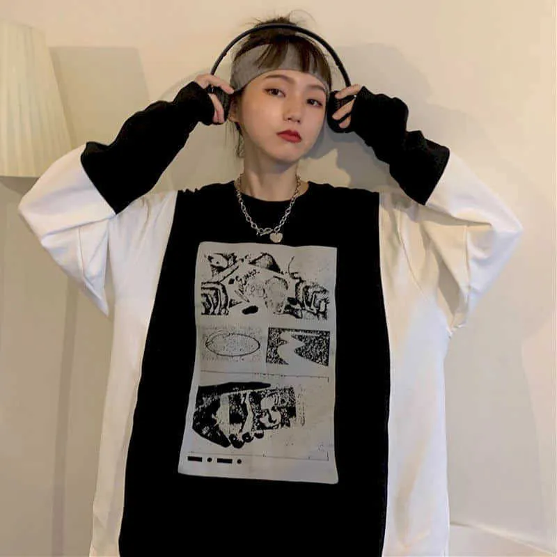 sweatshirt women's large size 100 kg hoodies autumn students Korean version loose fat sister thin stitching top female 210526