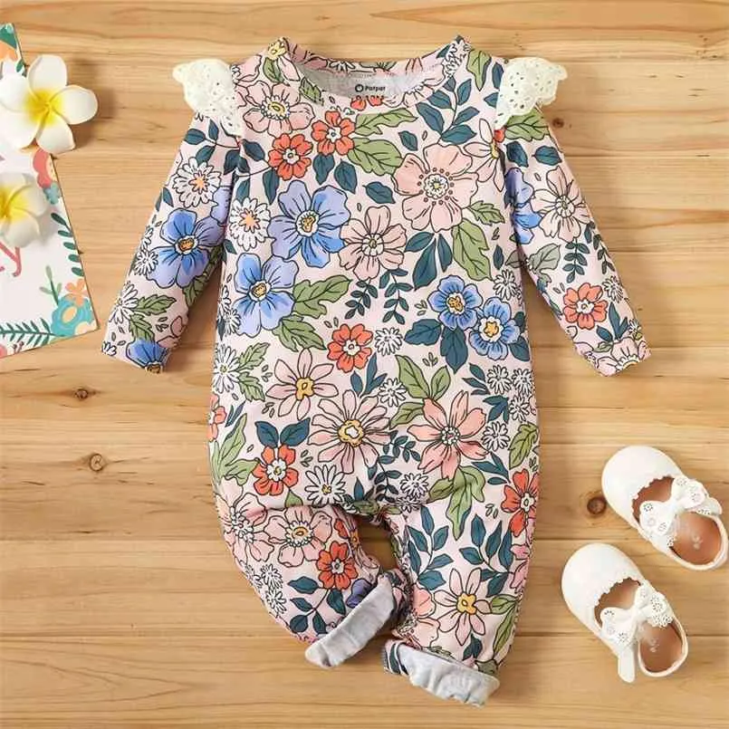Spring and Summer Autumn Baby Floral Lace Decor Jumpsuits for Girl Clothing 210528