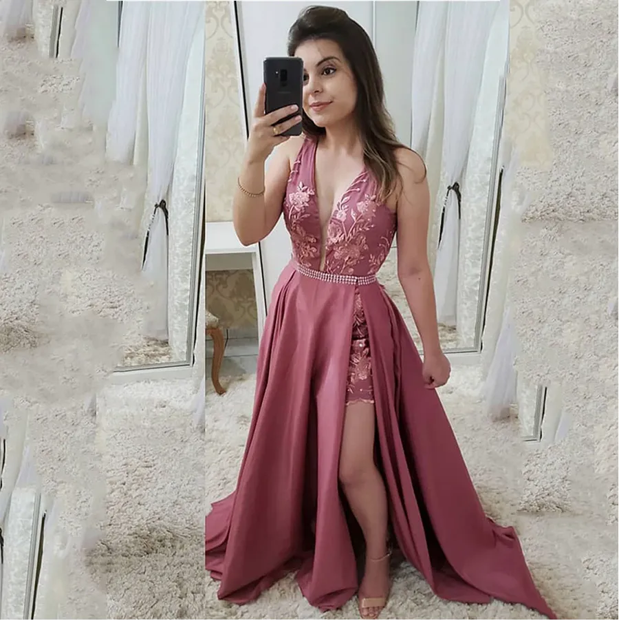 Robe de soirée deux pièces avec traîne détachable, col en V, avec des Appliques de perles, robes de bal courtes pour filles, robe de soirée formelle, 2021