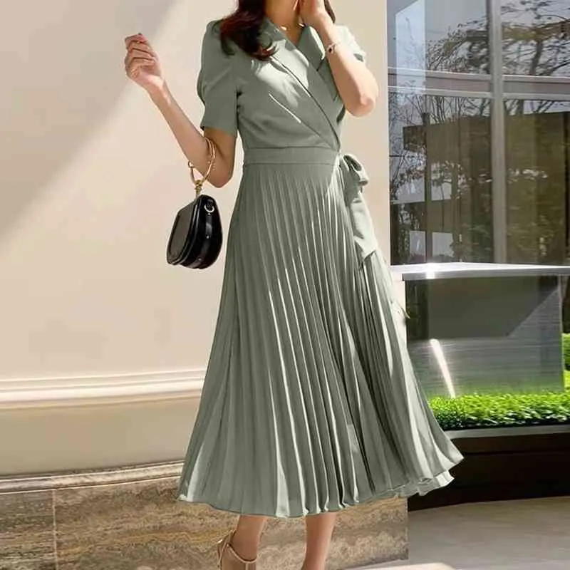 Sommar Korea kontor damer hög midja chiffong klänning kvinnor elegant smal spets upp pläterad midi vestidos 210520