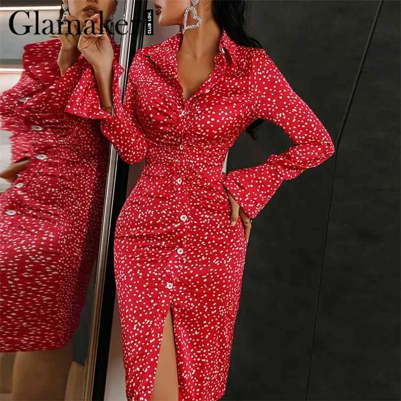 Glamaker Polka Dot Impresso Moda Vermelha Midi Vestido Inverno Outono Cetim Escritório Senhoras Botões Estilo Elegante Vestido 210915