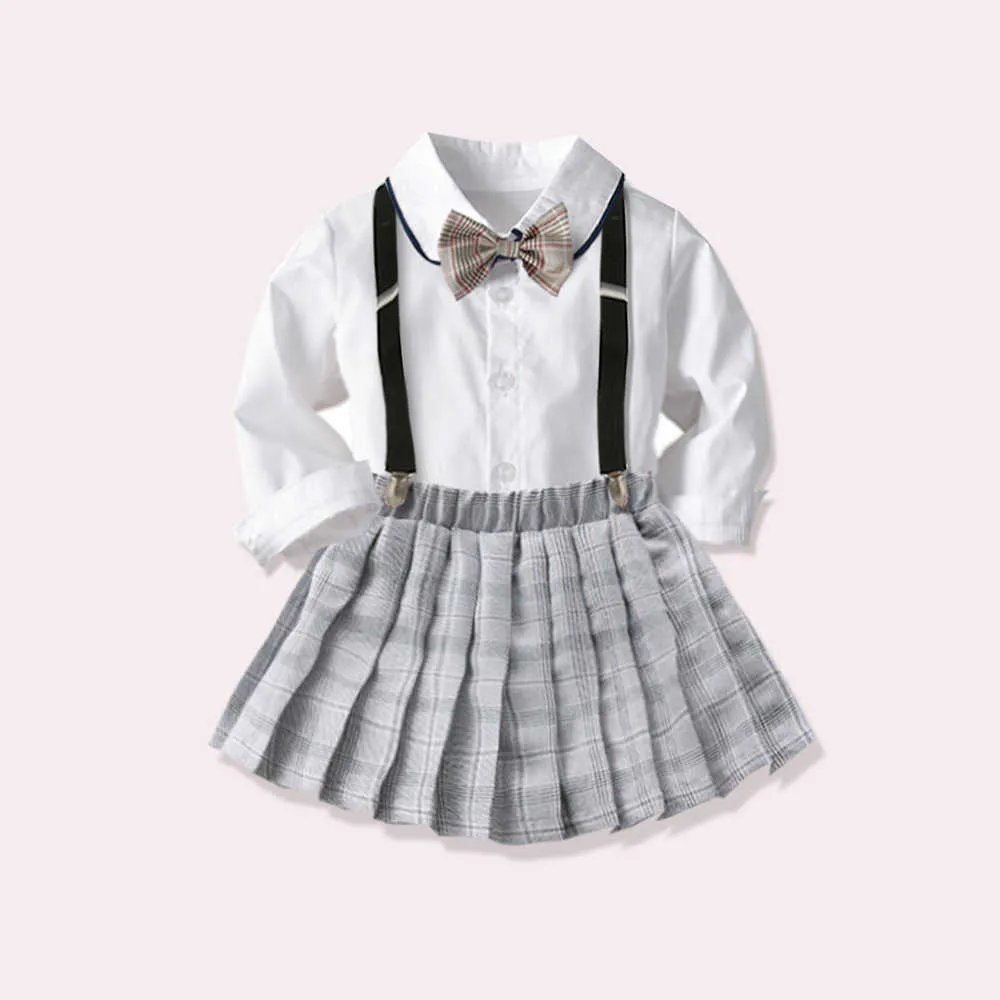 Baby Mädchen Tragen Schulstil Uniform Anzug Neue Britische Kurzen Rock Kleidung 3 ~ 8 Jahre Kinder Kurzarm + Faltenrock Anzug X0902