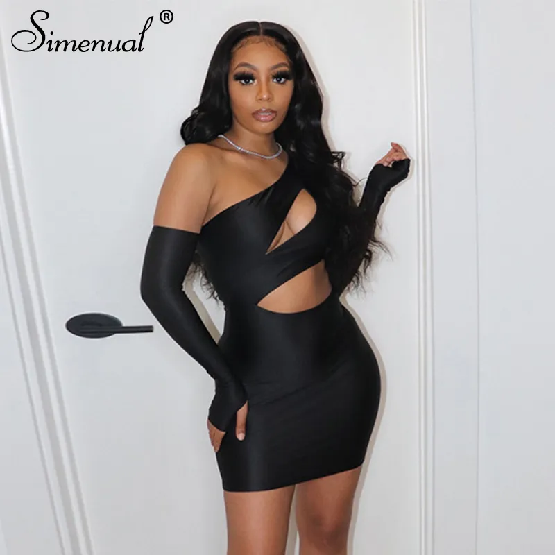 Simenual One Shoulder Cut Out Hot Bodycon Kleider Frau Party Nacht Sexy Langarm Clubwear Mode Mini Kleid Herbst Winter x0521