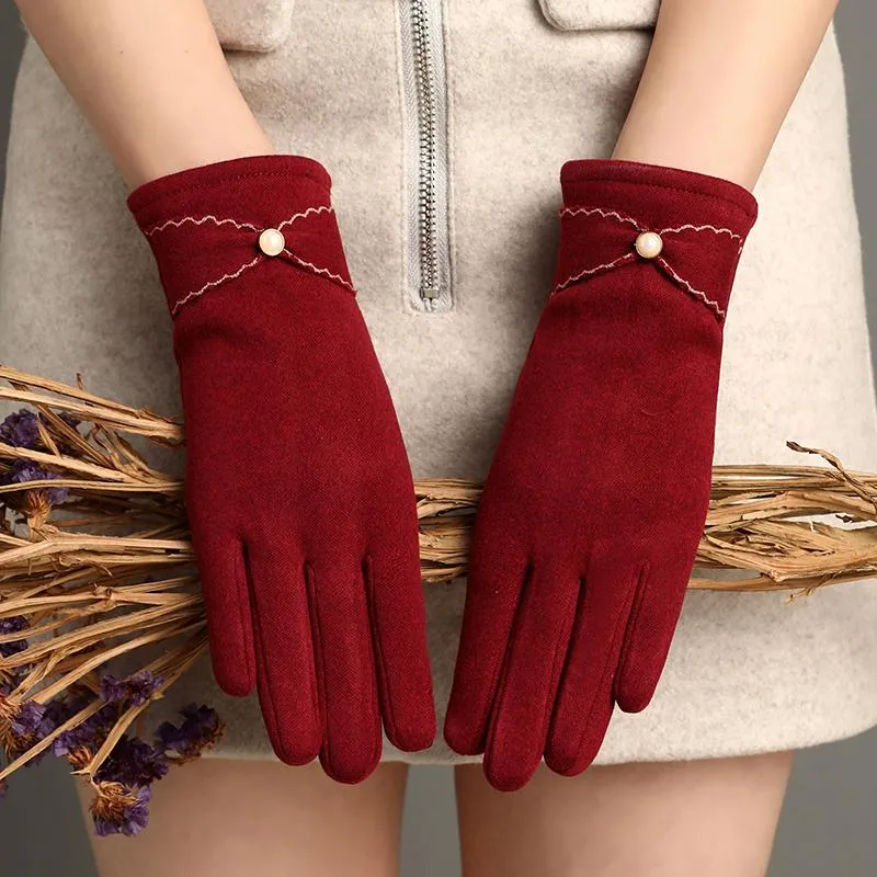 5本の指の手袋冬のプラスベルベットのフルフィンガータッチスクリーンドライビング女性のソリッドカラーの弓パール厚さ屋外ライディングミトンS4