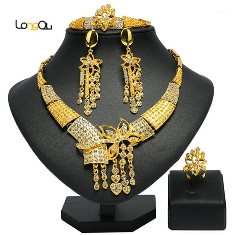 Örhängen Halsband Höger 2021 Noble Gold Luxury Smycken Satser Märke Italienska Kvinnor Bridal Fashion Statement Set grossist