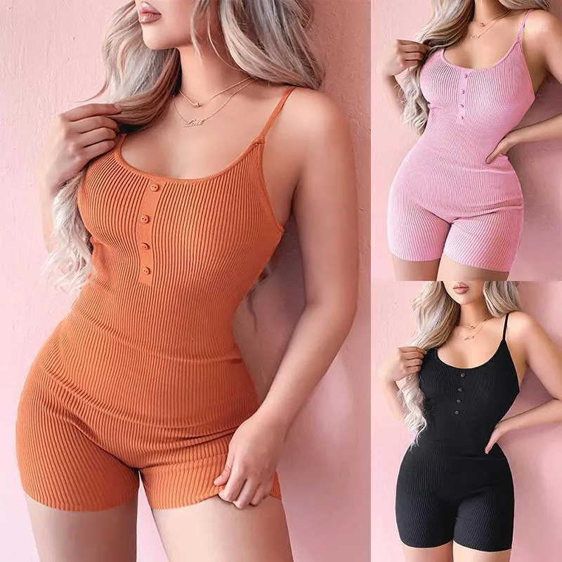 Tute sportive lavorate a maglia solida Pagliaccetto Tutina per le donne Tuta sexy estiva Streetwear Senza maniche Aderente aderente Pagliaccetti da donna