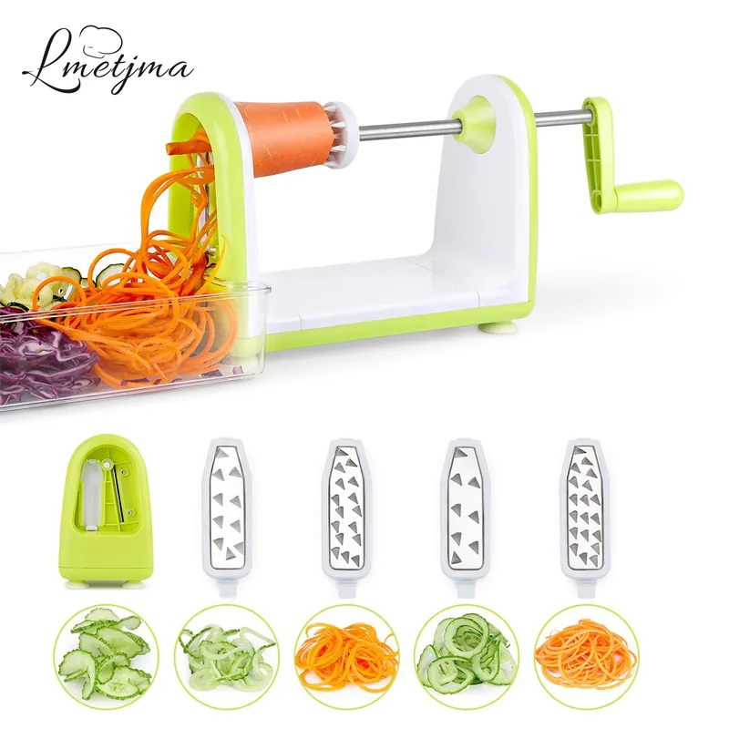 LMETJMA Spiralizer 야채 슬라이서 스테인레스 스틸 야채 슬라이서 슈레더 Zucchini Noodle 메이커 스파게티 스피tralizer KC0089 210326