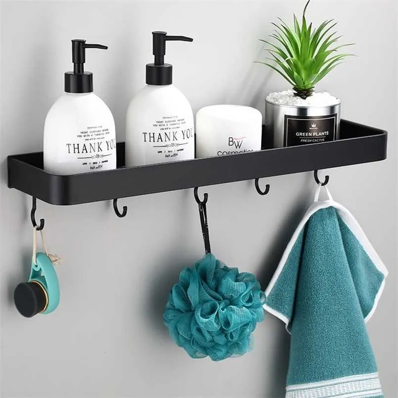 Étagère de salle de bain douche avec barre à crochet, porte-shampooing, étagère d'angle, support de rangement de cuisine en aluminium noir 211112