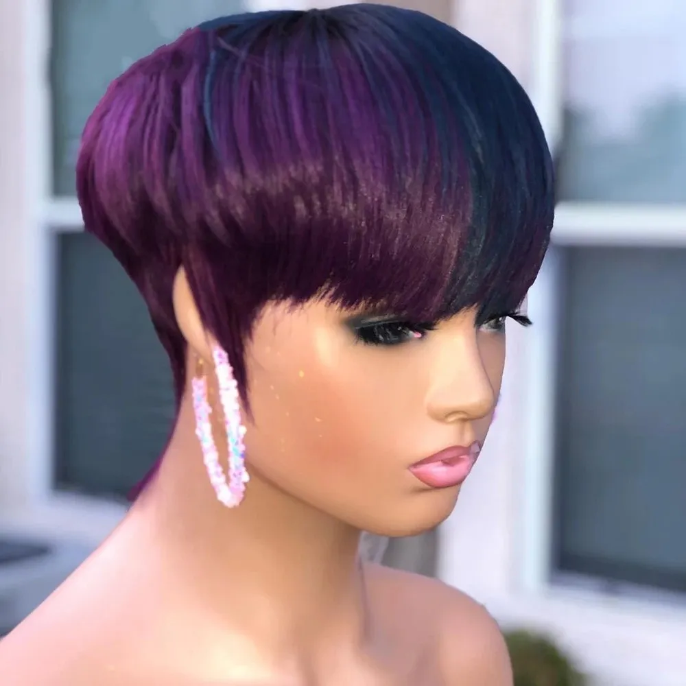 Ombre Purple Color Short Falisty Bob Pixie Cut Wig Pełna maszyna Made Human Włosy Żadne Koronki Przodu Peruki Dla Czarnej Kobiety