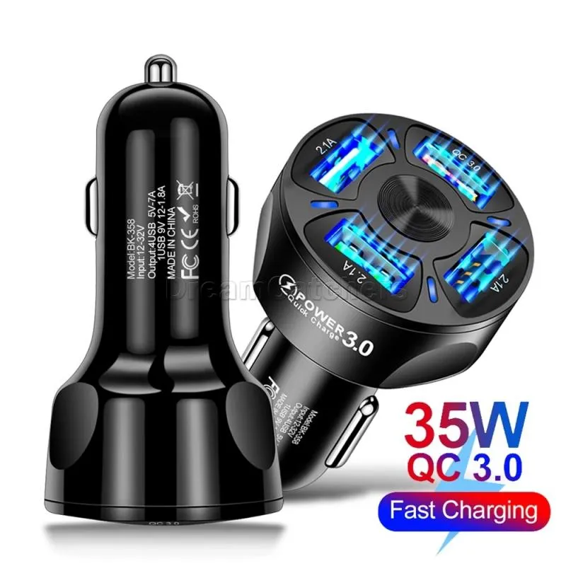 4 USB-autolader QC 3.0 PC Retardant Materiaal Stabiel Huidig ​​Uitgang LED-licht One 4in1 Auto Mobile Phones Fast Charging Adapter