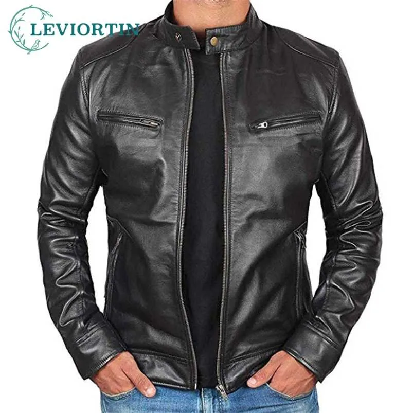 Vestes en cuir de moto pour hommes marron / noir veste en cuir hommes vintage veste à col montant PU faux cuir vêtements d'extérieur 211111