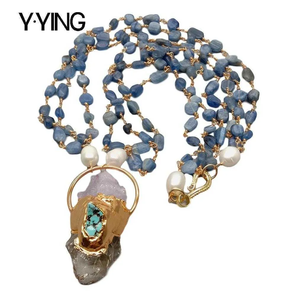 Y.ying Natural White Rice Pearl Blue Kyanites Chain Statement Ketting Quartzs Amethists Ruwe Hanger 26 ''