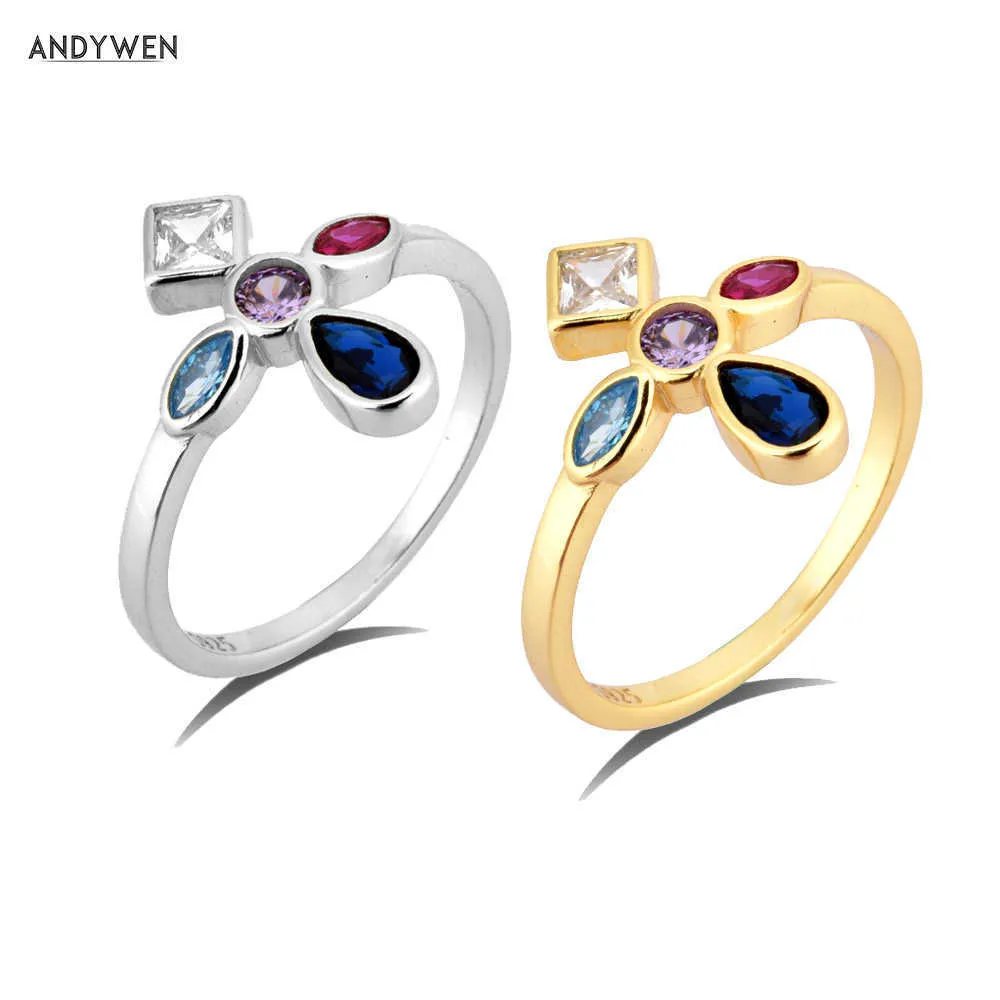 ANDYWEN 925 Sterling Argent Cinq Couleur Croix Anneaux Femmes Luxe Arc-En-Ciel Mode Fine Bijoux Pour Cristal Européen 210608