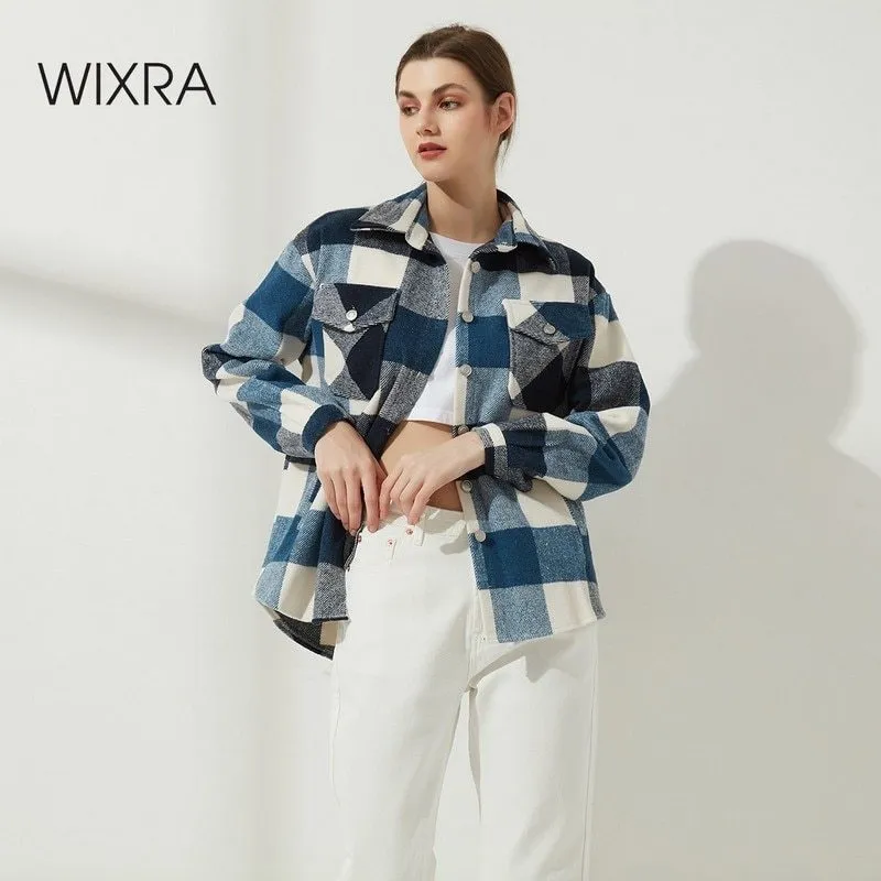 Wixra Kvinnor Plaid Shirt Jacket Coat Ladies Fickor Tjock Turn Down Collar Plus Size Kvinna Ytterkläder