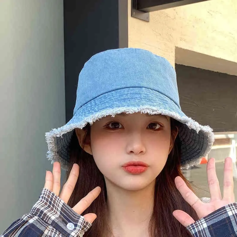 여성 데님 양동이 모자 Foldable 어부 씻어 플랫 버킷 모자 야외 비치 Sunhat Cap 3 + M6013 # Y220301