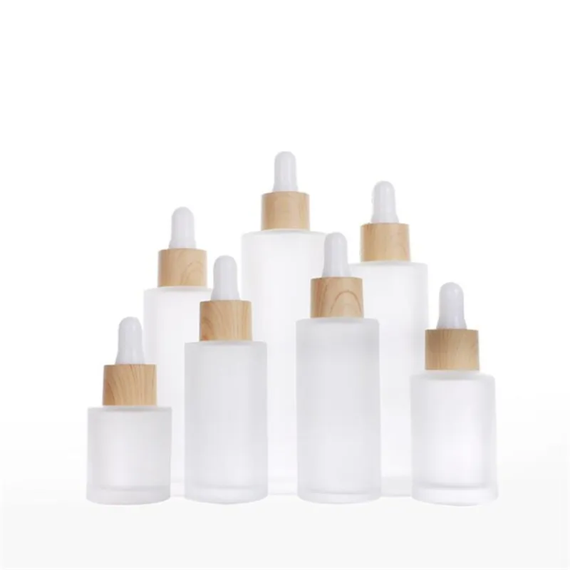 Garrafa de vidro de óleo essencial fosco cosmética com conta-gotas de ombro plano recipiente com tampa de bambu imitada 20ml 30ml 50ml 60ml 100ml 120ml