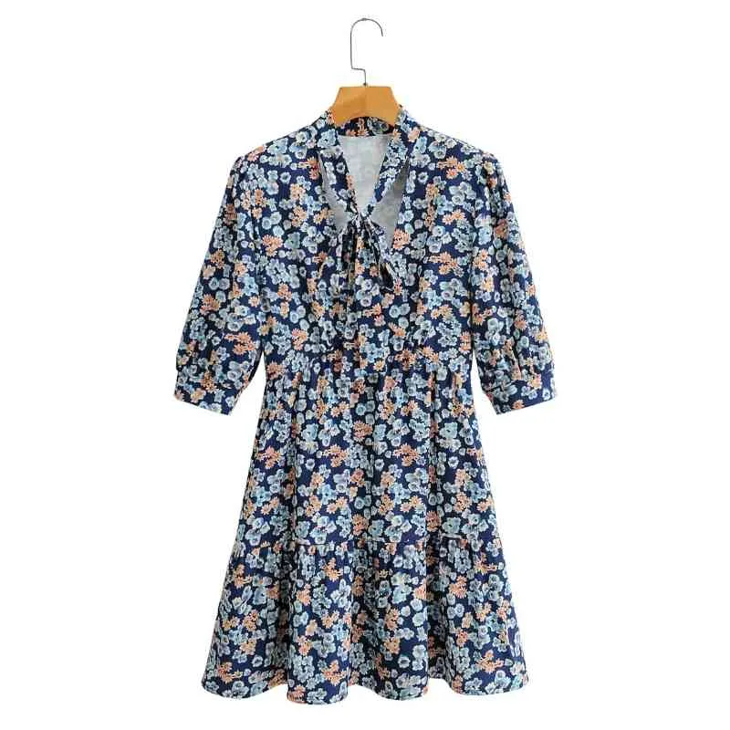 Spring Women Floral Print V Neck Lace Up Bow Tie Mini Dress Female Puff Sleeve Clothes Casual Lady Loose Vestido D7187 210430