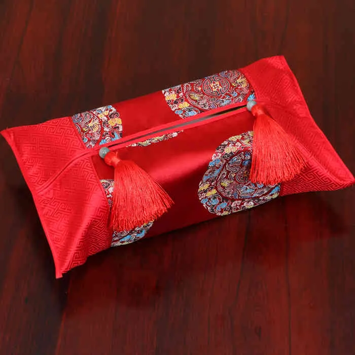 Patchwork Travel Pocket Chinese Silk Satin Tissue Boxes Cover Tassel Luxury Napkin Holder Portable Pumping Paper Case 210326