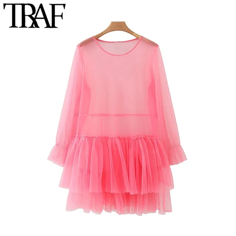 Mulheres Sexy Moda Transparente Ruffled Malha Mini Vestido Vintage O Pescoço Manga Longa Vestidos Femininos Vestidos 210507