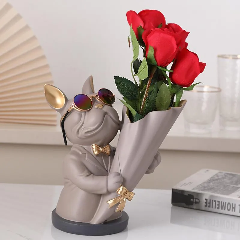 Vases Flower Vase Cool Dog Figurine Tabletop Home Decoration Ornamental Resin Art Sculpture Figurines Decor Decorative